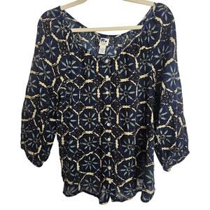 John Robshaws Lucky Brand Blouse Women M Blue Cotton Tunic Boho Peasant Floral